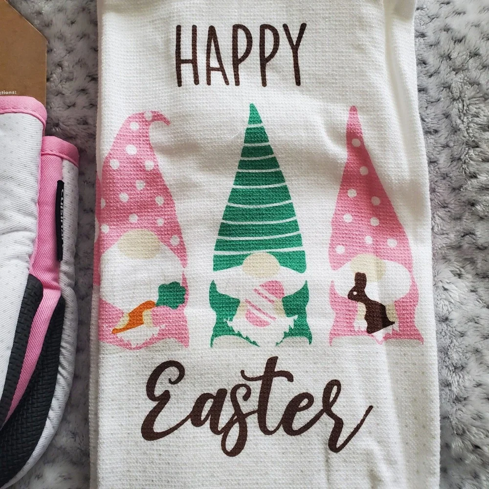 Cuisinart Easter Gnome Kitchen Set 2pk Towels & 2pk Mini Oven‎ Mitts Pink Spring